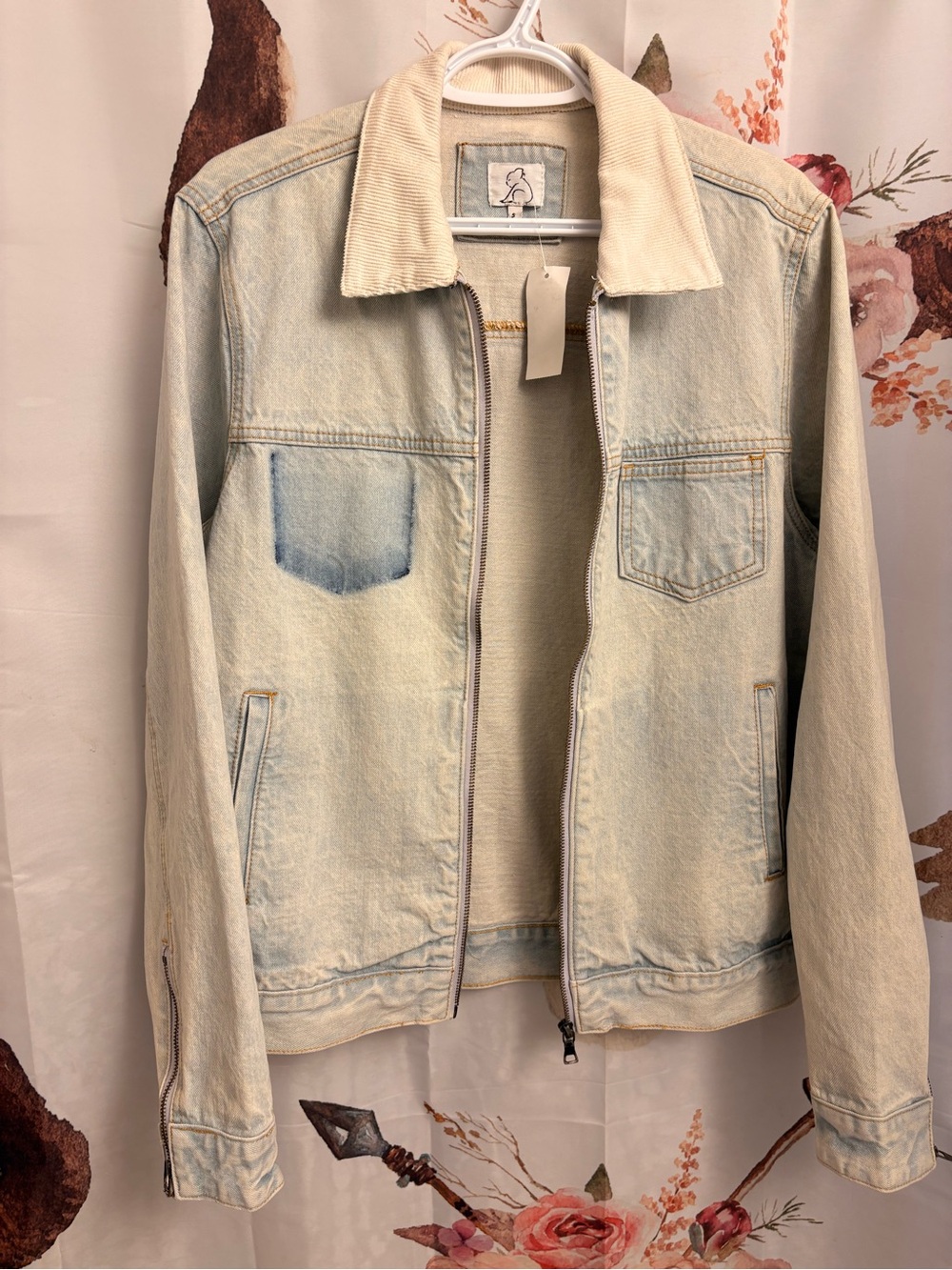Small Light Wash Denim Jacket with Corduroy Collar